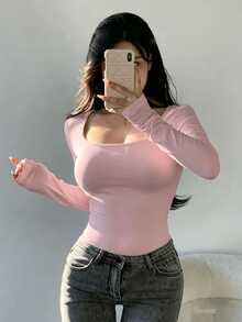 DAZY Women's Solid Color Long Sleeve T-Shirt,Fall Clothes - Pink - View 4