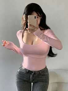 DAZY Women's Solid Color Long Sleeve T-Shirt,Fall Clothes - Pink - View 3