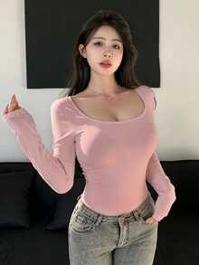 DAZY Women's Solid Color Long Sleeve T-Shirt,Fall Clothes - Pink - View 2