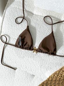 Swim Vcay Swim Chicsea-D 女士纯色挂脖金属装饰比基尼上衣，春夏款 - 棕色 - 查看 4