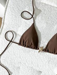 Swim Vcay Swim Chicsea-D 女士纯色挂脖金属装饰比基尼上衣，春夏款 - 棕色 - 查看 2