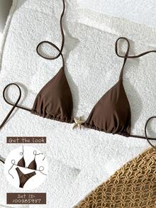 Swim Vcay Swim Chicsea-D 女士纯色挂脖金属装饰比基尼上衣，春夏款 - 棕色 - 查看 1