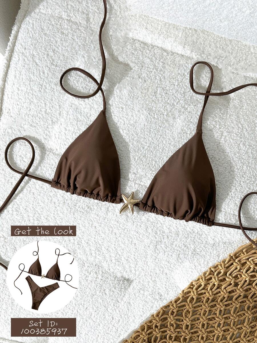 Swim Vcay Swim Chicsea-D 女士纯色挂脖金属装饰比基尼上衣,春夏款 - 棕色 - 查看 1