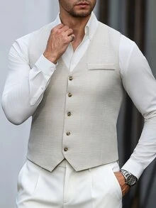 Manfinity Mode Men's Solid Color Casual Business Suit Vest, Suitable For Daily Commute, Relaxed Work Environment Or Semi-Formal Occasions, Also An Ideal Gift For Boyfriend And Husband - Apricot - View 4