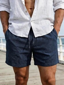 CoralVoy Navy Blue Faux Linen Drawstring Beach Shorts For Men - Navy Blue - View 1