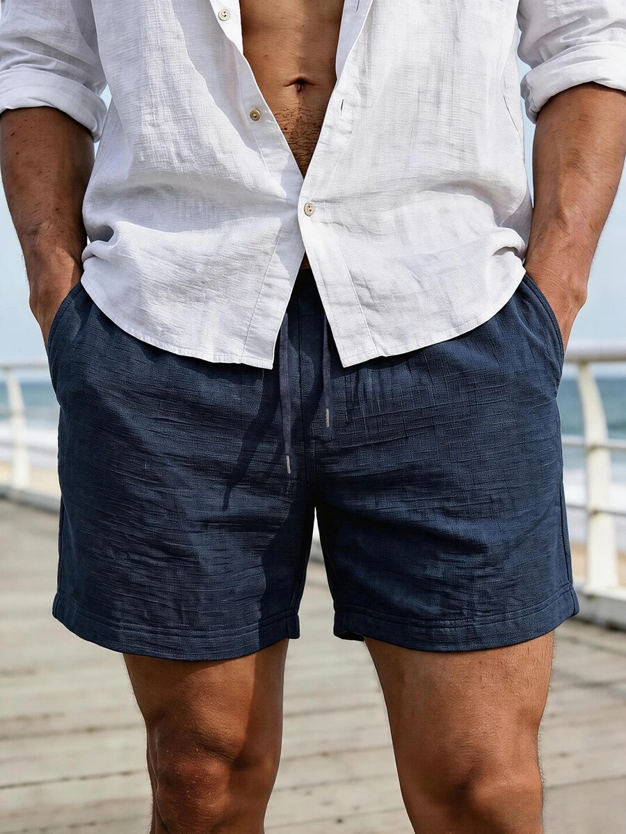 CoralVoy Navy Blue Faux Linen Drawstring Beach Shorts For Men - Navy Blue - View 1
