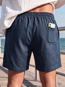 CoralVoy Navy Blue Faux Linen Drawstring Beach Shorts For Men - Navy Blue - View 2