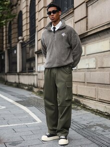 Major Grit 男士套头四分之一拉链卫衣，深灰色保暖内衬，刺绣设计，醒目个性，室内外皆宜，休闲、运动、通勤、返校、度假皆可穿着，是送给男友/老公的理想礼物，情侣装，长袖上衣 - 深灰色 - 查看 5