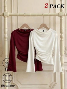 SHEIN MOD Plus Size Women 2pcs Burgundy & Apricot Round Neck Ruched Bell Sleeve Waist Gathered Asymmetrical Hem Versatile Long Sleeve T-Shirt, Autumn/Winter Base Layer, Spring/Summer Minimalist Outfit - Multicolor - View 5