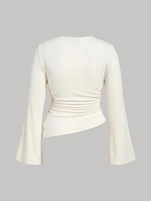 SHEIN MOD Plus Size Women 2pcs Burgundy & Apricot Round Neck Ruched Bell Sleeve Waist Gathered Asymmetrical Hem Versatile Long Sleeve T-Shirt, Autumn/Winter Base Layer, Spring/Summer Minimalist Outfit - Multicolor - View 8