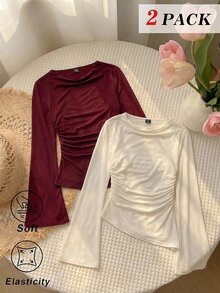 SHEIN MOD Plus Size Women 2pcs Burgundy & Apricot Round Neck Ruched Bell Sleeve Waist Gathered Asymmetrical Hem Versatile Long Sleeve T-Shirt, Autumn/Winter Base Layer, Spring/Summer Minimalist Outfit - Multicolor - View 4