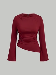 SHEIN MOD Plus Size Women 2pcs Burgundy & Apricot Round Neck Ruched Bell Sleeve Waist Gathered Asymmetrical Hem Versatile Long Sleeve T-Shirt, Autumn/Winter Base Layer, Spring/Summer Minimalist Outfit - Multicolor - View 9