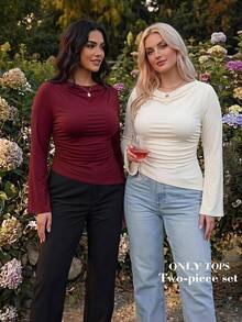 SHEIN MOD Plus Size Women 2pcs Burgundy & Apricot Round Neck Ruched Bell Sleeve Waist Gathered Asymmetrical Hem Versatile Long Sleeve T-Shirt, Autumn/Winter Base Layer, Spring/Summer Minimalist Outfit - Multicolor - View 13