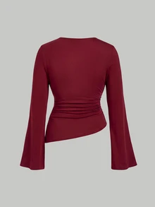 SHEIN MOD Plus Size Women 2pcs Burgundy & Apricot Round Neck Ruched Bell Sleeve Waist Gathered Asymmetrical Hem Versatile Long Sleeve T-Shirt, Autumn/Winter Base Layer, Spring/Summer Minimalist Outfit - Multicolor - View 10