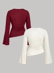 SHEIN MOD Plus Size Women 2pcs Burgundy & Apricot Round Neck Ruched Bell Sleeve Waist Gathered Asymmetrical Hem Versatile Long Sleeve T-Shirt, Autumn/Winter Base Layer, Spring/Summer Minimalist Outfit - Multicolor - View 2