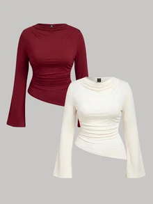 SHEIN MOD Plus Size Women 2pcs Burgundy & Apricot Round Neck Ruched Bell Sleeve Waist Gathered Asymmetrical Hem Versatile Long Sleeve T-Shirt, Autumn/Winter Base Layer, Spring/Summer Minimalist Outfit - Multicolor - View 7