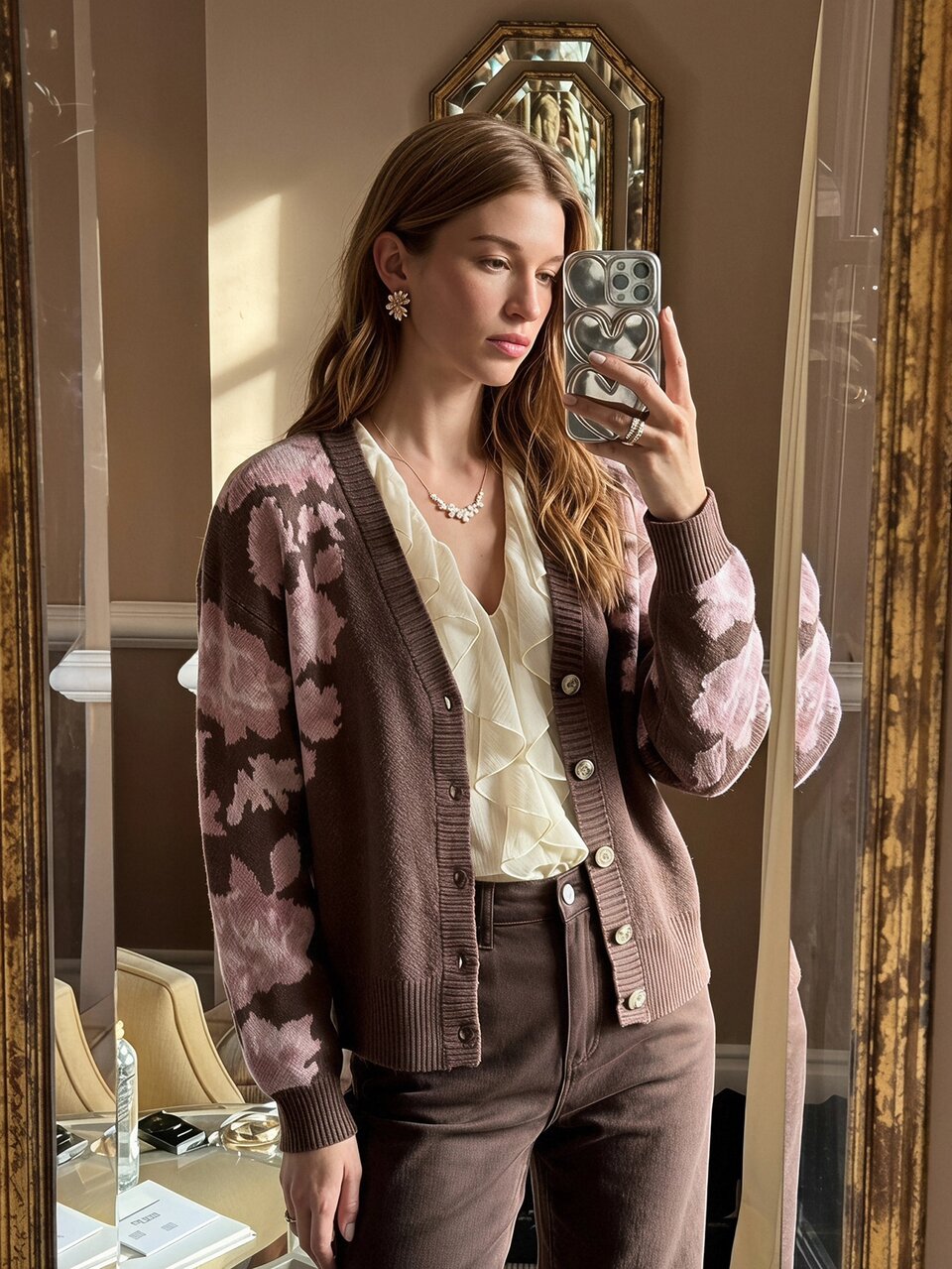 Enchnt Premium Pre-Fall Romantic Women's Elegant Brown Floral Print Vintage Knit Cardigan,French Style,Casual Outfits For Women,Western,Work Outfits