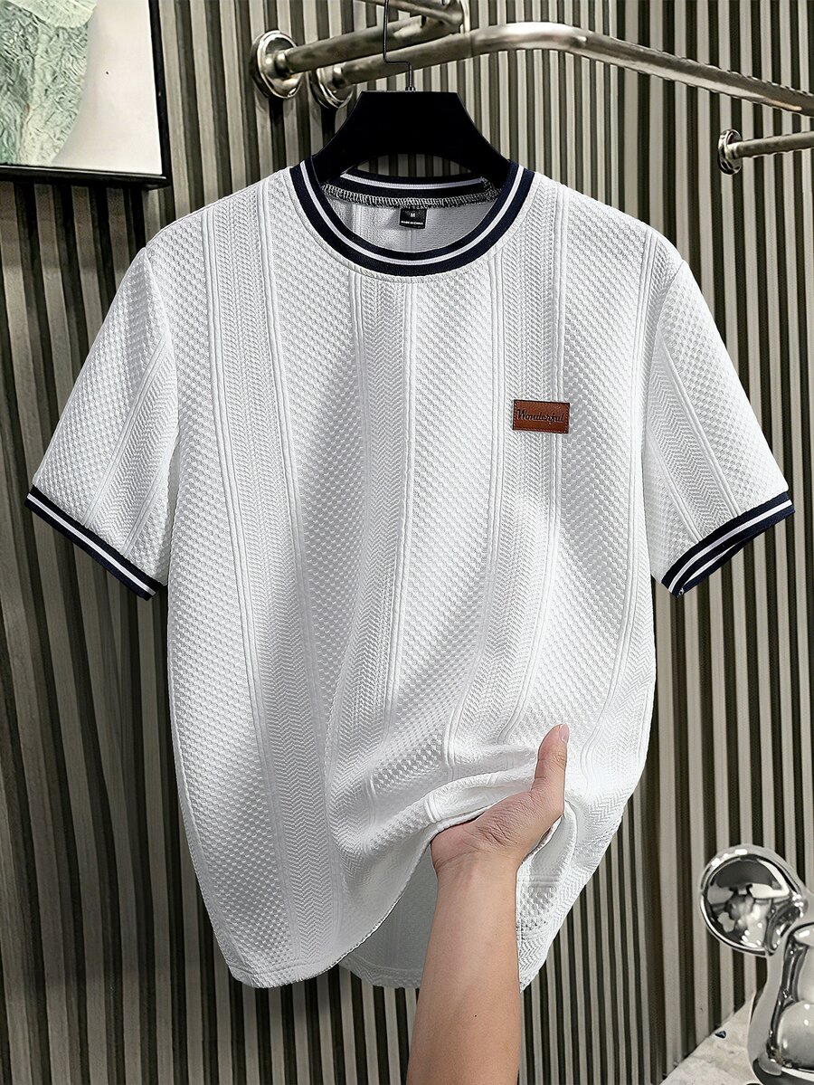 Manfinity Homme Men's Knitted Jacquard Solid Color Textured Collar & Cuff Royal Blue Ribbed Chest Patch T-Shirt - White - View 1