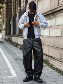 Major Grit 男士纯色口袋PU皮革阔腿宽松休闲裤 - 黑色 - 查看 4