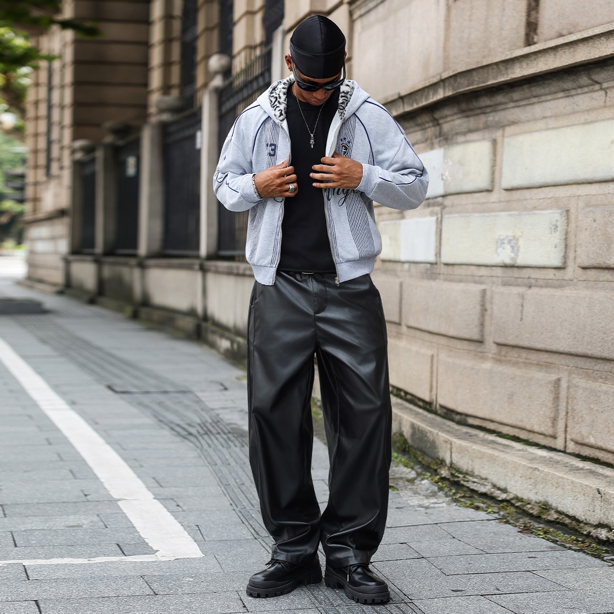 Men's Solid Color Pocket PU Leather Wide Leg Loose Casual Pants