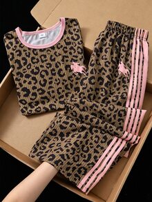 SHEIN Sparklyn Girls' Minimalist Casual Luxury Style Pony Print Leopard Pattern 2-Piece Set, Round Neck Short Sleeve T-Shirt + Wide Leg Pants, Spring/Summer Daily St - Brown - View 5