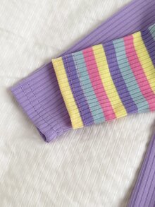 Conjunto de 2 piezas para bebé niña, mono de manga larga acanalado en rosa, púrpura y multicolor para otoño e invierno & diadema con lazo a juego - Morado - Ver 9