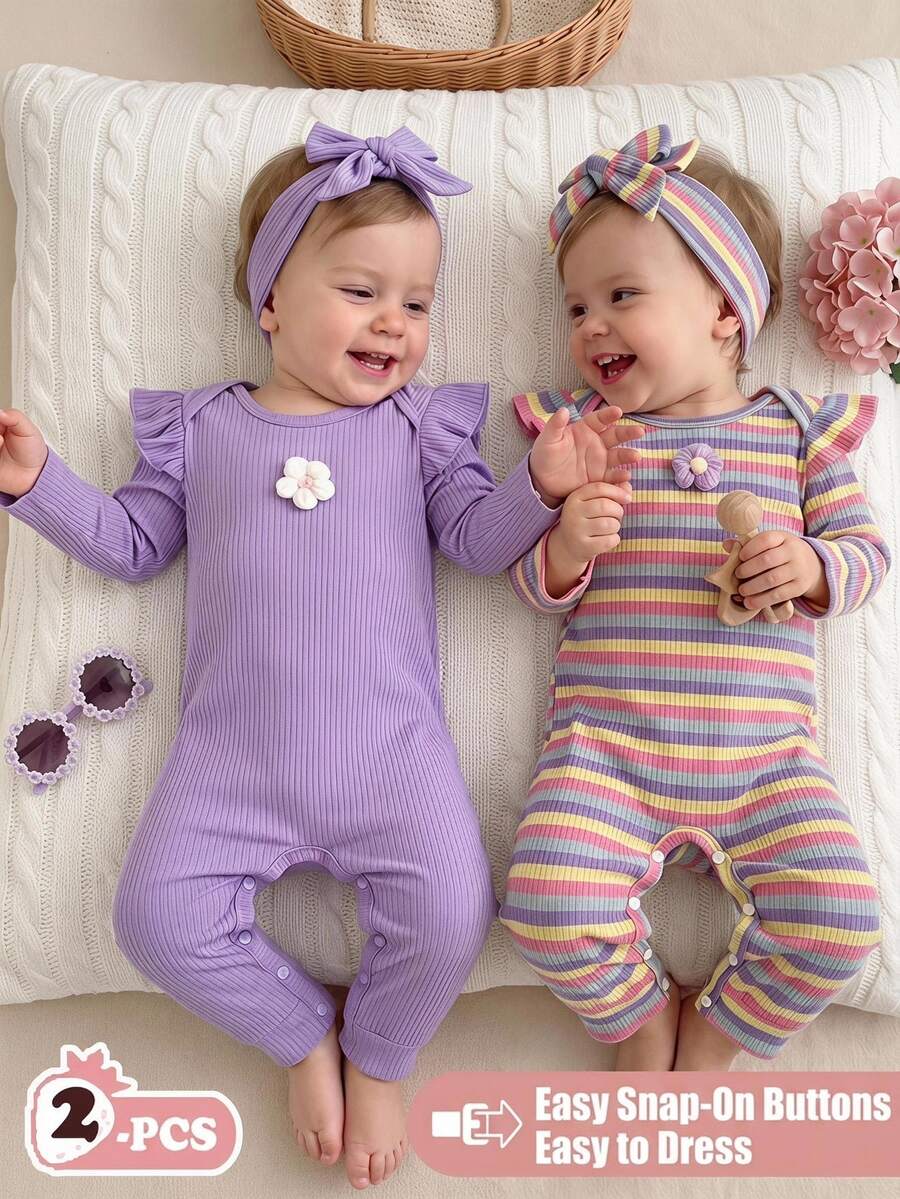 Conjunto de 2 piezas para bebé niña, mono de manga larga acanalado en rosa, púrpura y multicolor para otoño e invierno & diadema con lazo a juego - Morado - Ver 1