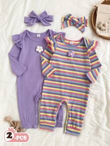 Conjunto de 2 piezas para bebé niña, mono de manga larga acanalado en rosa, púrpura y multicolor para otoño e invierno & diadema con lazo a juego - Morado - Ver 7