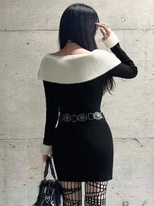 FRIFUL 女款拼色船領長袖修身針織洋裝，黑白配色，適合約會之夜、夜晚外出，冬季性感優雅秋季款 - 黑色 - 查看 5