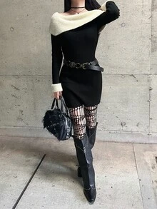 FRIFUL 女款拼色船領長袖修身針織洋裝，黑白配色，適合約會之夜、夜晚外出，冬季性感優雅秋季款 - 黑色 - 查看 4