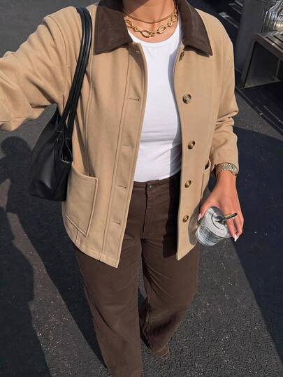 Solavibe Jaket Wanita Plus Size Campuran Wol dengan Kerah Korduroi Kontras, Kancing Depan dan Saku, Mantel Musim Gugur untuk Kantor, Gaya Country Baggy Konser Warna Beige