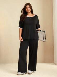 GlowEve CURVE Plus Size Women's Korean Style Casual Sweet Black Top And Bow Tie Long Pants, White Heart Lace Patchwork Two Pieces Set, Suitable For Daily Casual Wear, Home Lazy Wear, Entertainment Party Wear, Daily Commute Wear, Daily Wear - Black - View 4