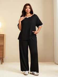 GlowEve CURVE Plus Size Women's Korean Style Casual Sweet Black Top And Bow Tie Long Pants, White Heart Lace Patchwork Two Pieces Set, Suitable For Daily Casual Wear, Home Lazy Wear, Entertainment Party Wear, Daily Commute Wear, Daily Wear - Black - View 3