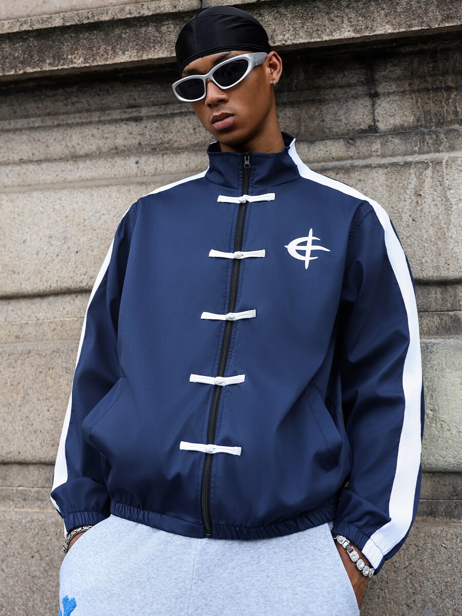 Major Grit 男士撞色印花拉链立领长袖夹克足球服 - 藍色 - 查看 1