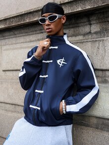 Major Grit 男士撞色印花拉链立领长袖夹克足球服 - 藍色 - 查看 6