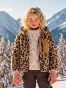 SHEIN Jaket Kasual Rajut Motif Leopard Berkerudung Bulu Imitasi untuk Anak Perempuan - MultiWarna - View 4