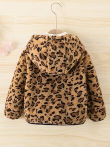 SHEIN Jaket Kasual Rajut Motif Leopard Berkerudung Bulu Imitasi untuk Anak Perempuan - MultiWarna - View 6