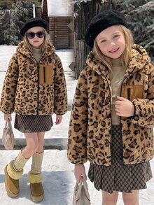 SHEIN Jaket Kasual Rajut Motif Leopard Berkerudung Bulu Imitasi untuk Anak Perempuan - MultiWarna - View 2