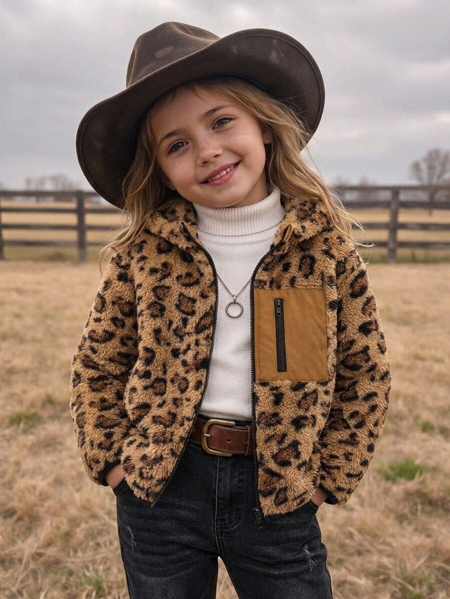 SHEIN Jaket Kasual Rajut Motif Leopard Berkerudung Bulu Imitasi untuk Anak Perempuan - MultiWarna - View 1