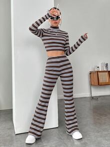 SHEIN EZwear 女款條紋高領長袖短版T恤與喇叭褲針織休閒套裝 - 咖啡棕 - 查看 7
