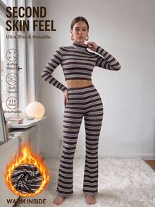 SHEIN EZwear 女款條紋高領長袖短版T恤與喇叭褲針織休閒套裝 - 咖啡棕 - 查看 8