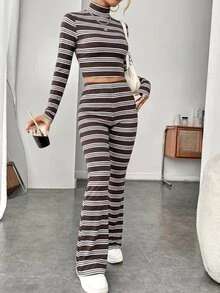SHEIN EZwear 女款條紋高領長袖短版T恤與喇叭褲針織休閒套裝 - 咖啡棕 - 查看 6