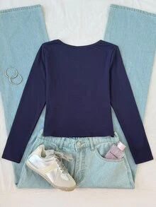 SHEIN Tween Girls Ribbed Crew Neck Elastic Slim Fit All-Match Versatile Simple Long Sleeve T-Shirt, Comfortable Tween Girl - Navy Blue - View 8