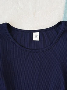 SHEIN Tween Girls Ribbed Crew Neck Elastic Slim Fit All-Match Versatile Simple Long Sleeve T-Shirt, Comfortable Tween Girl - Navy Blue - View 3