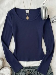 SHEIN Tween Girls Ribbed Crew Neck Elastic Slim Fit All-Match Versatile Simple Long Sleeve T-Shirt, Comfortable Tween Girl - Navy Blue - View 1