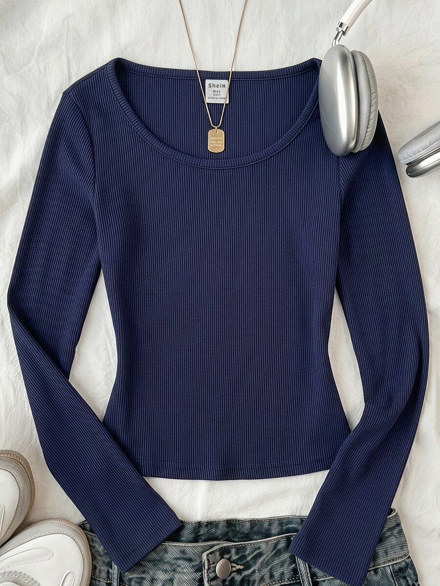 SHEIN Tween Girls Ribbed Crew Neck Elastic Slim Fit All-Match Versatile Simple Long Sleeve T-Shirt, Comfortable Tween Girl - Navy Blue - View 1