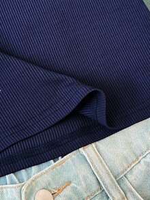 SHEIN Tween Girls Ribbed Crew Neck Elastic Slim Fit All-Match Versatile Simple Long Sleeve T-Shirt, Comfortable Tween Girl - Navy Blue - View 6