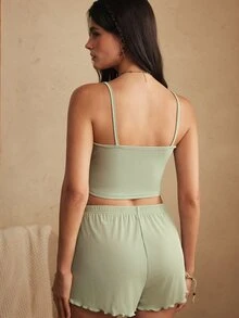 Lullawish Solid Color Crop Cami Top & Split Shorts Homewear Set Outfit - Green - View 2