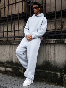 Major Grit 男士弹力纯色街头风灰色保暖运动套装，男士运动服，男士两件套运动服，秋冬服装 - 淺灰色 - 查看 4