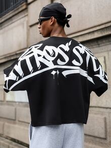 Major Grit Men's Black Summer Oversized Streetwear City Break Graffiti Style Short Sleeve T-Shirt,Cropped Loose Fit Round Neck Tee,American Hip Hop Retro Vibe - Black - View 3